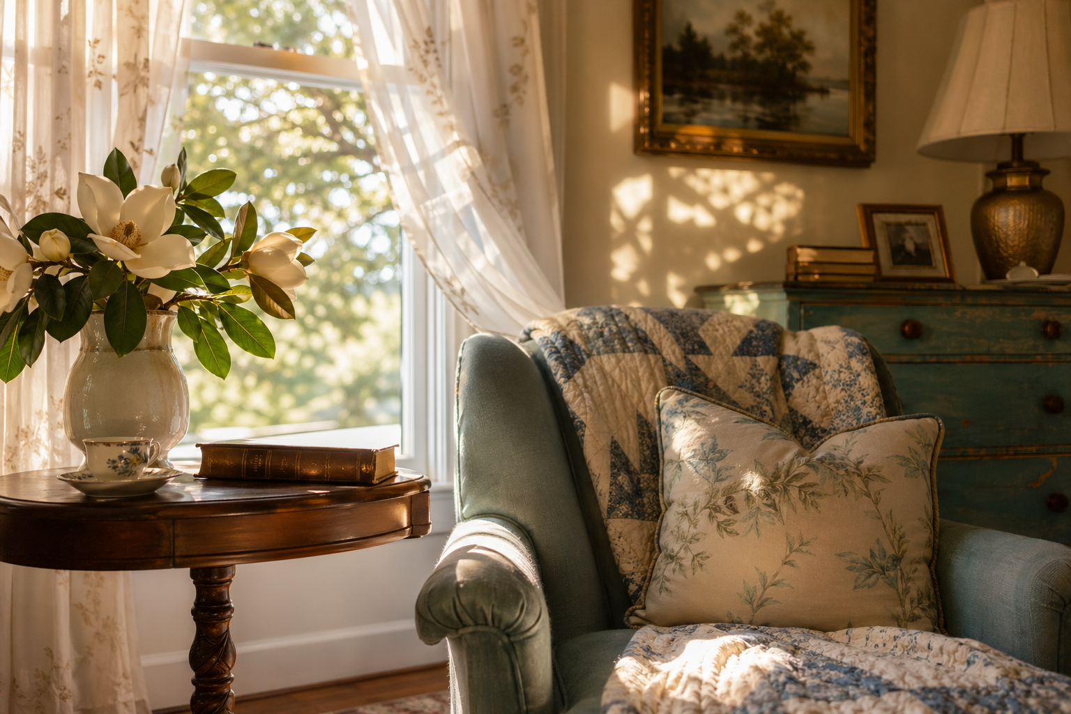 A sunlit Lowcountry living room with magnolias on a side table — a warm, homely setting.
